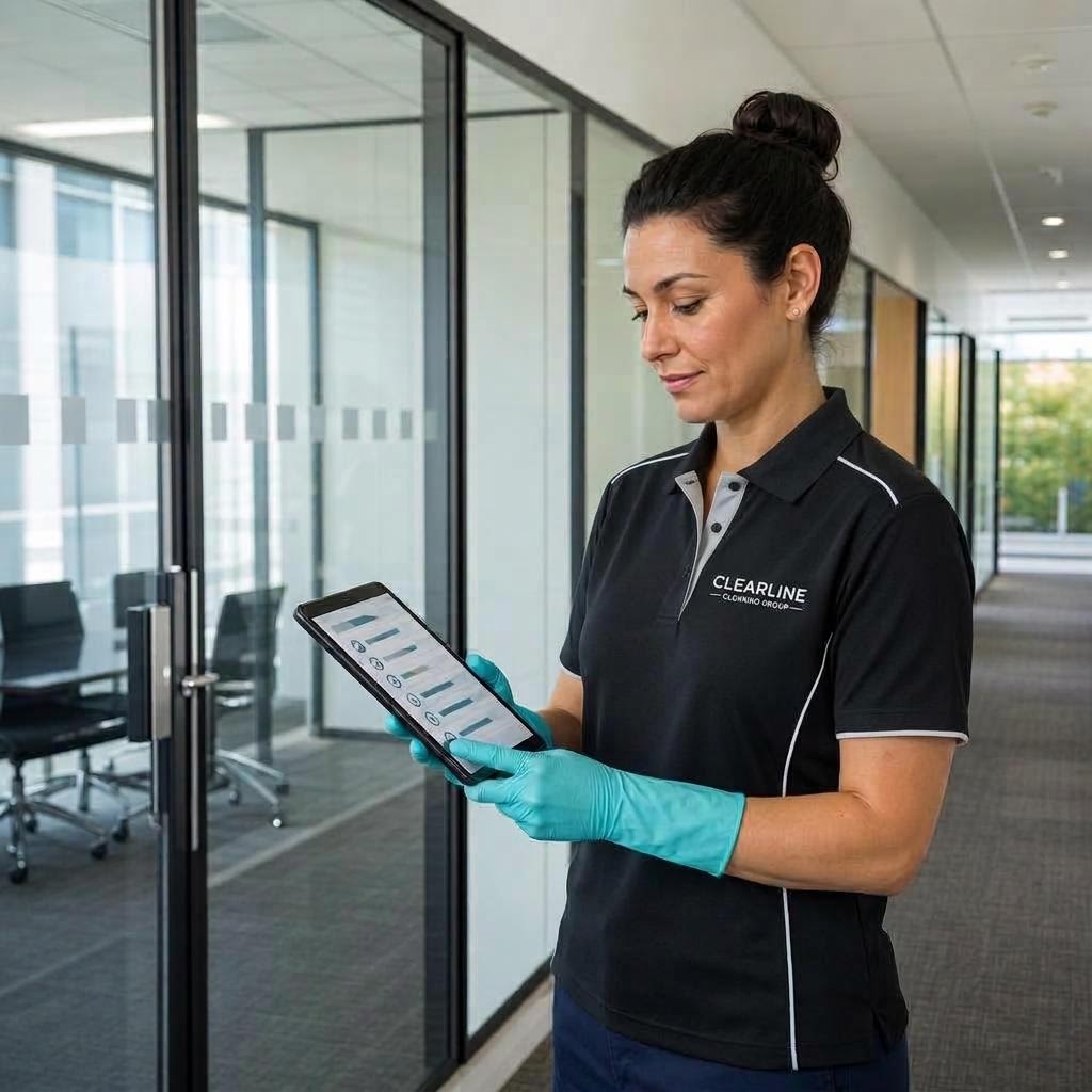 Illustrative image of one cleaner reviewing a checklist on a tablet