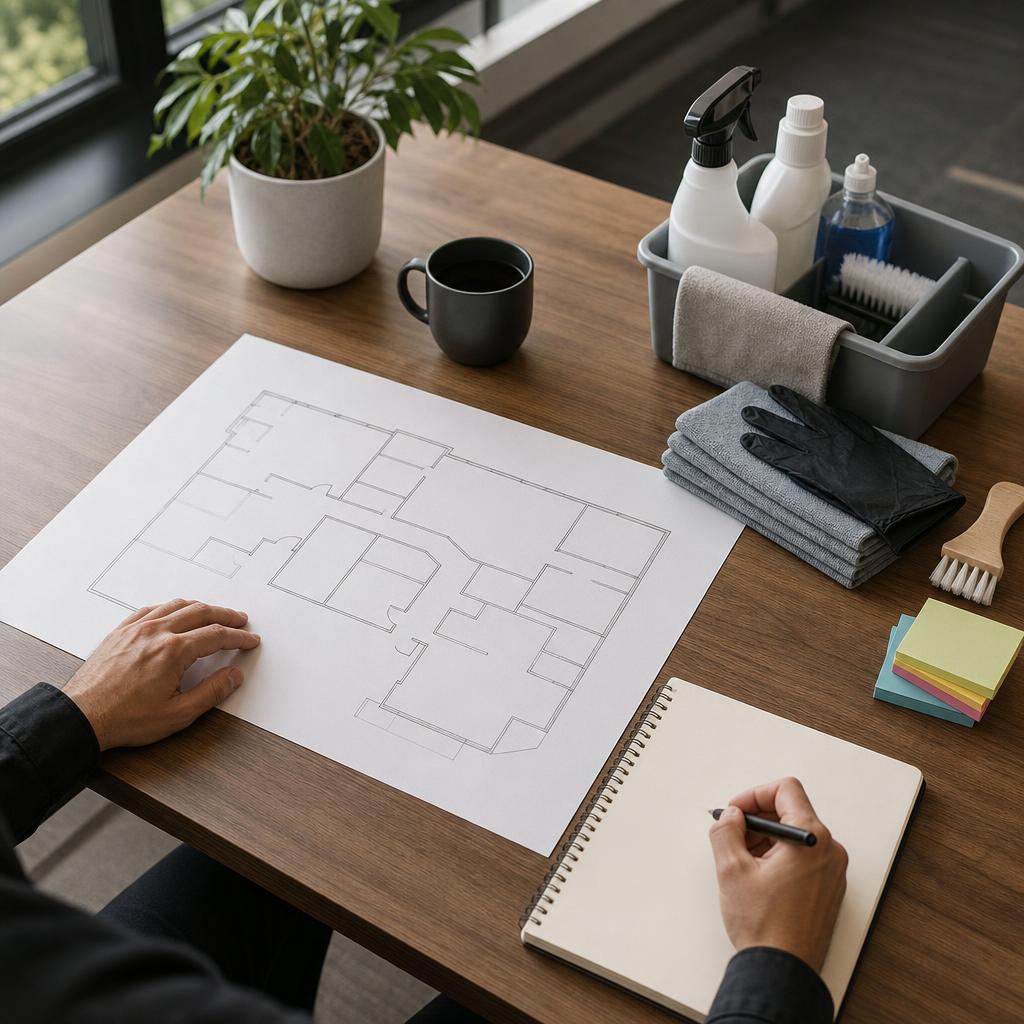 Illustrative image of a workspace plan and cleaning supplies
