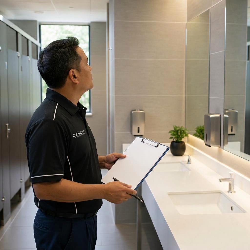 Illustrative image of one person inspecting a clean washroom