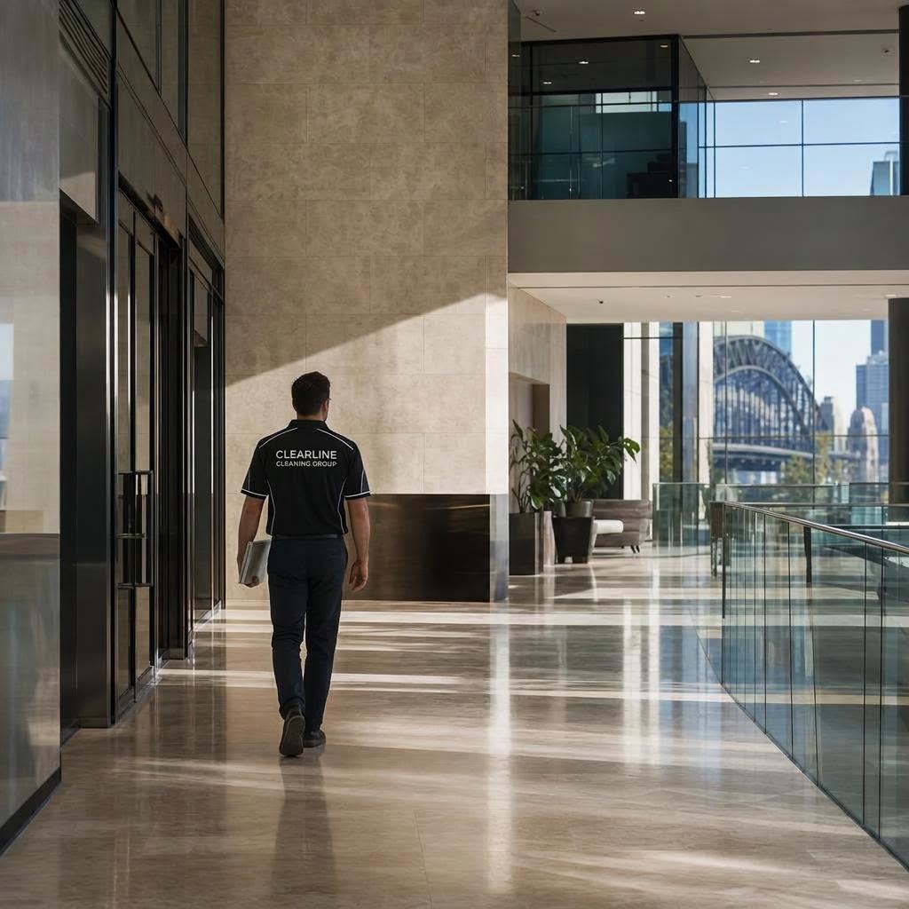 Illustrative image of one person walking through a commercial building