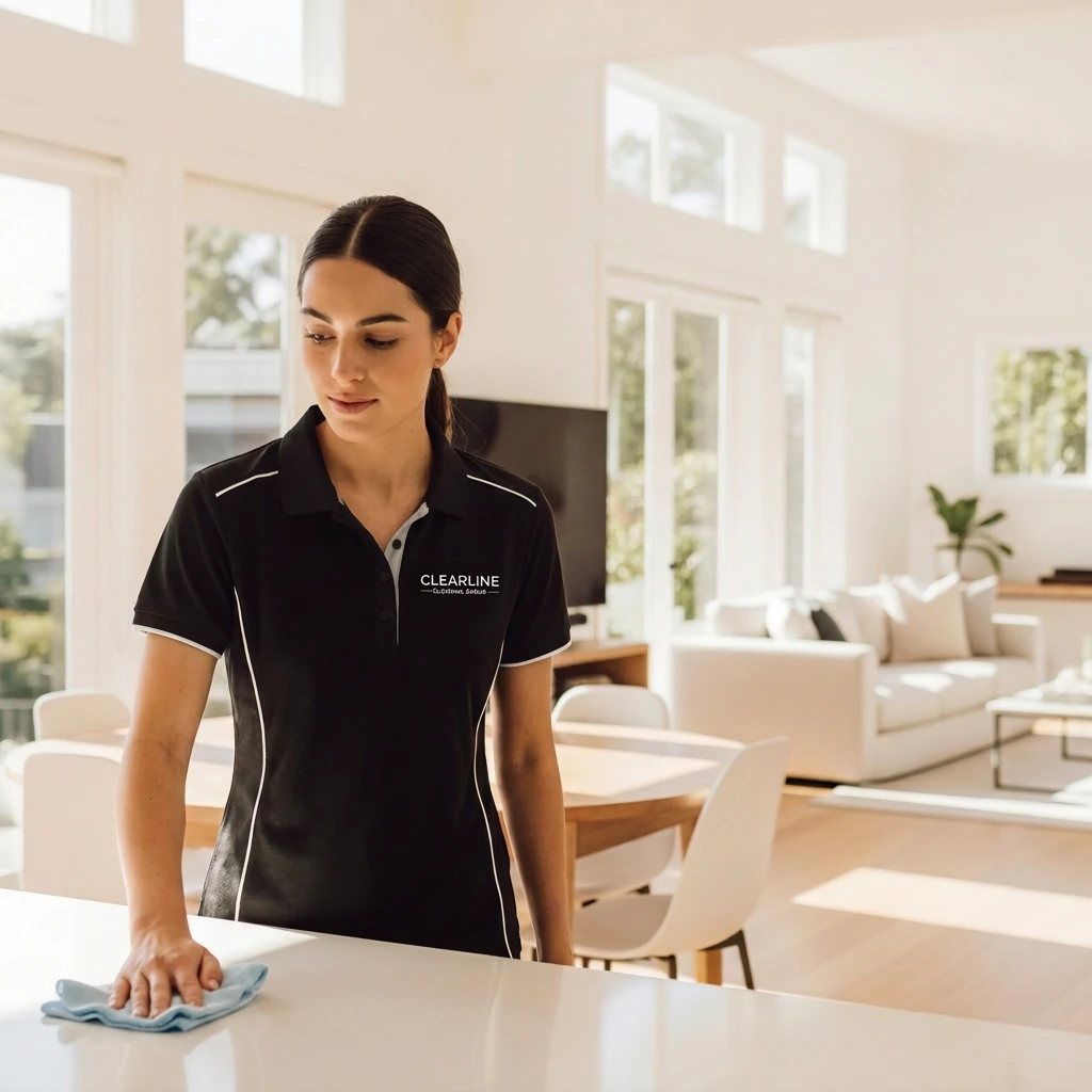 Illustrative image of one cleaner wiping a surface in a residential interior